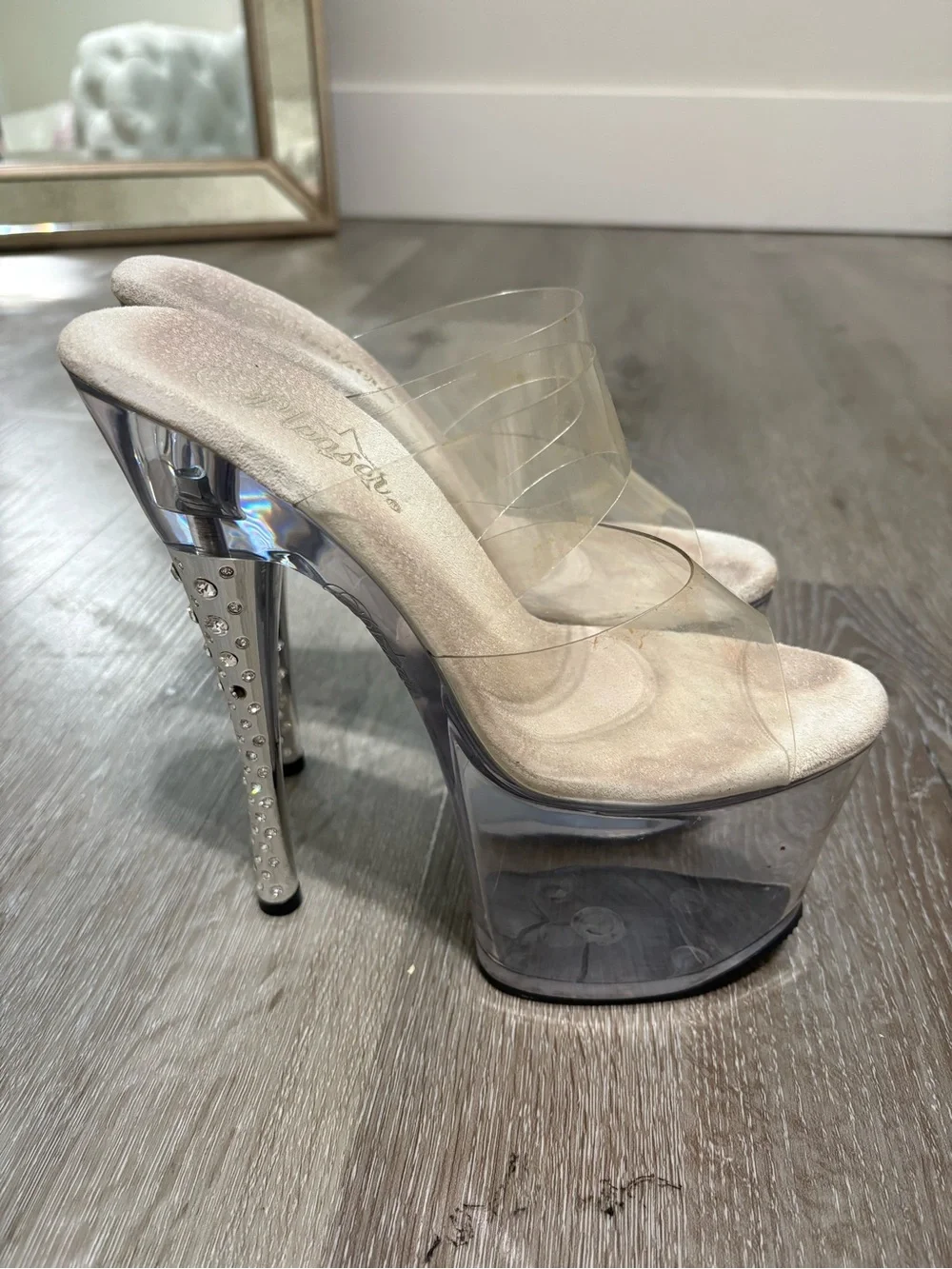 Pleaser Clear Platform Stiletto Mules with Rhinestone Silver Heel
